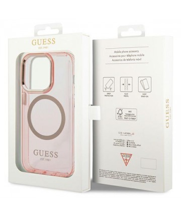 Guess GUHMP14XHTCMP iPhone 14 Pro Max 6.7" pink/pink hard case Gold Outline Translucent MagSafe