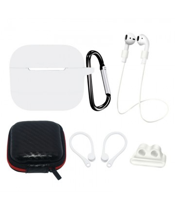 AirPods 3 Silicone Case Set + Case/Ear Hook/Neck Strap/Watch Strap Holder/Carabiner Clasp - White