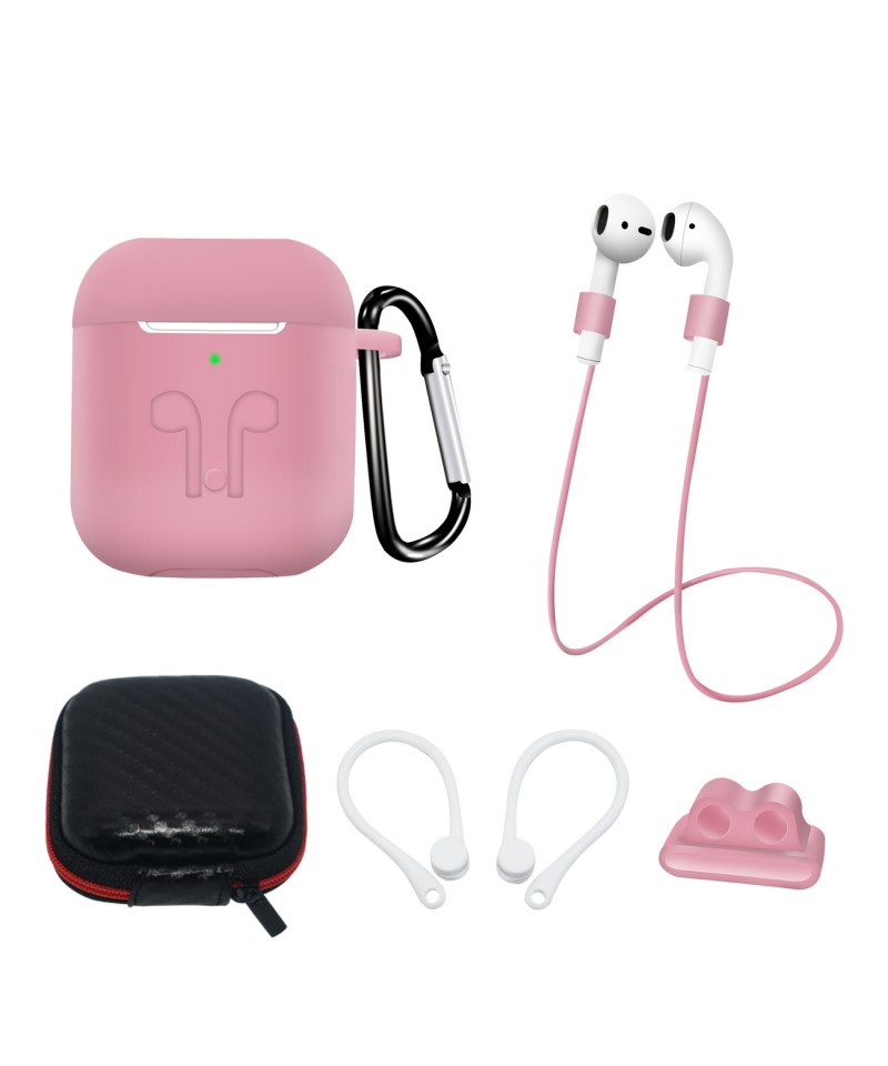 Set of AirPods 2 / AirPods 1 silicone case + case / ear hook / neck strap / watch strap holder / carabiner - blue