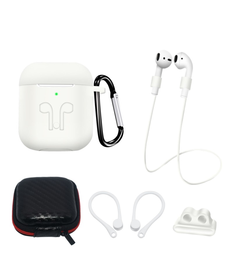 Silicone Case Set for AirPods 2 / AirPods 1 + Case / Ear Hook / Neck Strap / Watch Strap Holder / Carabiner - White