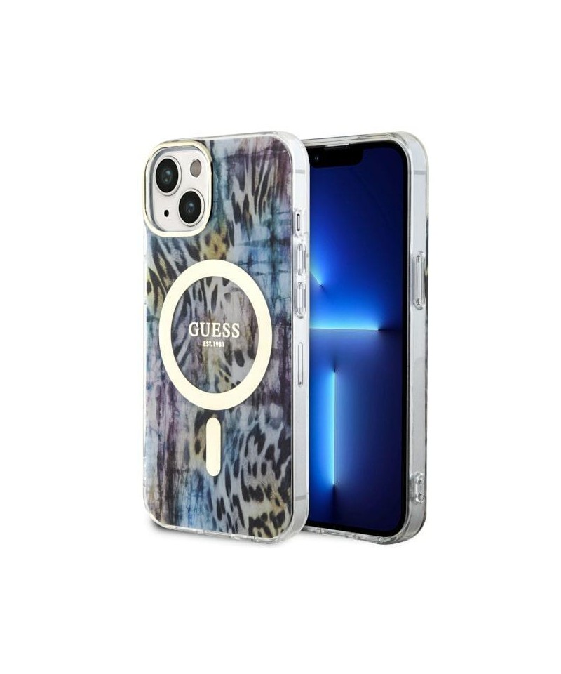 Guess Leopard MagSafe case for iPhone 14 - blue