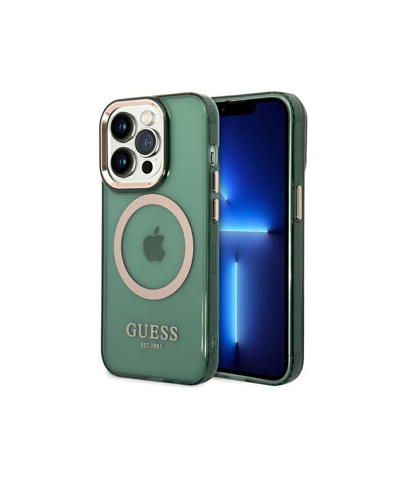 Guess GUHMP14XHTCMA iPhone 14 Pro Max 6.7" green/khaki hard case Gold Outline Translucent MagSafe