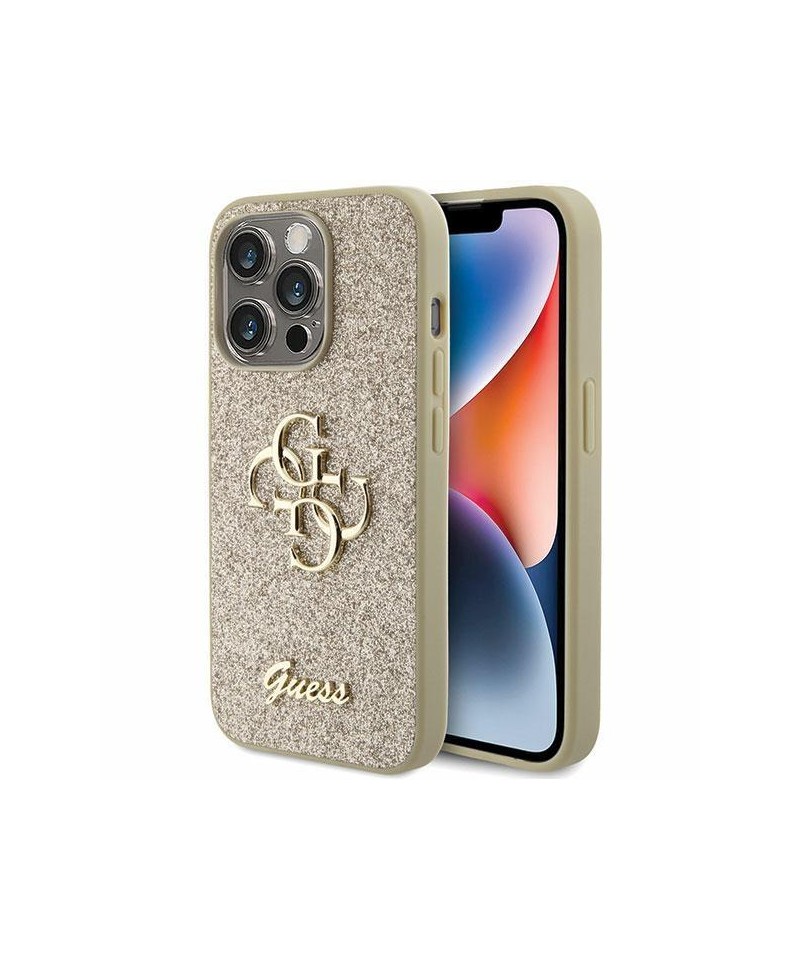 Guess Glitter Script Big 4G iPhone 15 Pro Case - Gold