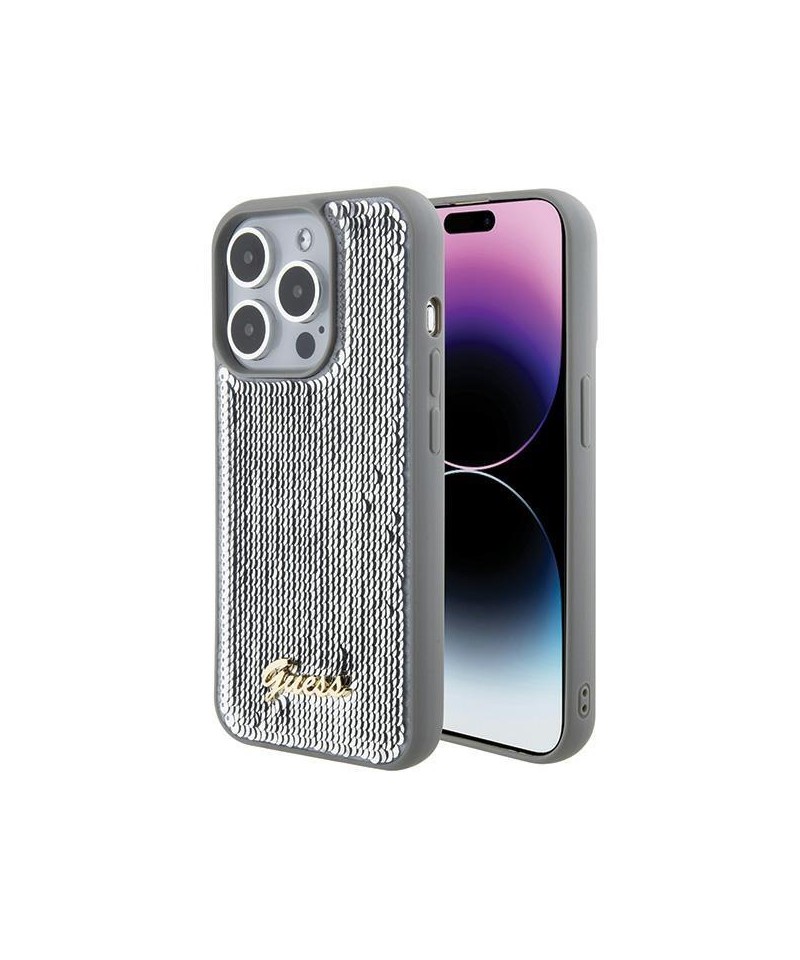 Guess Sequin Script Metal case for iPhone 15 Pro - silver