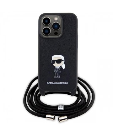 Karl Lagerfeld Crossbody Saffiano Monogram Metal Pin Karl & Choupette Case for iPhone 15 Pro - Black