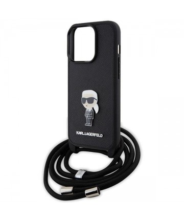 Karl Lagerfeld Crossbody Saffiano Monogram Metal Pin Karl & Choupette Case for iPhone 15 Pro - Black