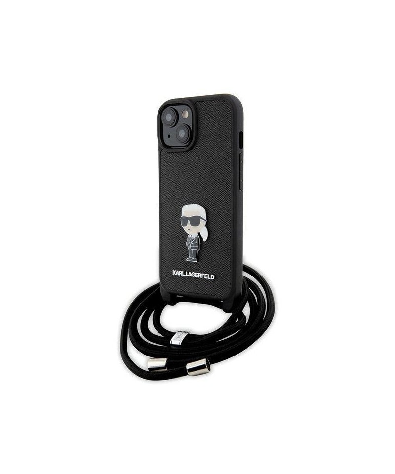 Karl Lagerfeld Crossbody Saffiano Monogram Metal Pin Karl & Choupette Case for iPhone 15 - Black