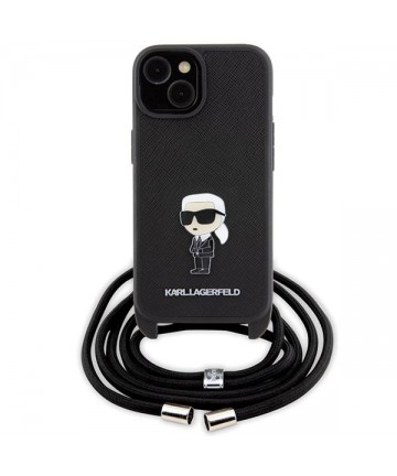 Karl Lagerfeld Crossbody Saffiano Monogram Metal Pin Karl & Choupette Case for iPhone 15 - Black