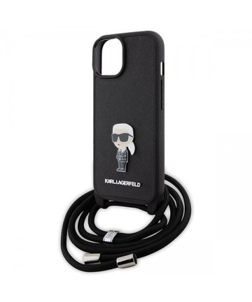 Karl Lagerfeld Crossbody Saffiano Monogram Metal Pin Karl & Choupette Case for iPhone 15 - Black