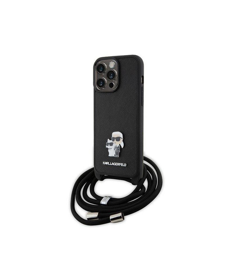 Karl Lagerfeld Crossbody Saffiano Metal Pin Karl & Choupette Case for iPhone 15 Pro Max - Black