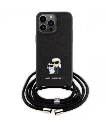 Karl Lagerfeld Crossbody Saffiano Metal Pin Karl & Choupette Case for iPhone 15 Pro Max - Black
