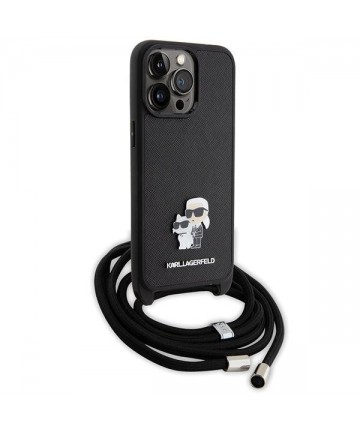 Karl Lagerfeld Crossbody Saffiano Metal Pin Karl & Choupette Case for iPhone 15 Pro Max - Black