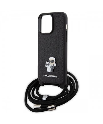 Karl Lagerfeld Crossbody Saffiano Metal Pin Karl & Choupette Case for iPhone 15 Pro Max - Black