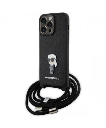 Karl Lagerfeld Crossbody Saffiano Monogram Metal Pin Karl & Choupette Case for iPhone 15 Pro Max - Black