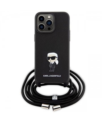 Karl Lagerfeld Crossbody Saffiano Monogram Metal Pin Karl & Choupette Case for iPhone 15 Pro Max - Black