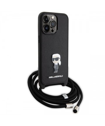 Karl Lagerfeld Crossbody Saffiano Monogram Metal Pin Karl & Choupette Case for iPhone 15 Pro Max - Black