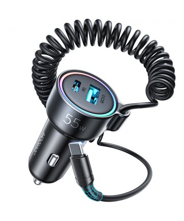 Joyroom JR-CL07 72W 3-in-1 Car Charger with 1.6m USB-C Cable – Black