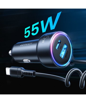 Joyroom JR-CL07 72W 3-in-1 Car Charger with 1.6m USB-C Cable – Black