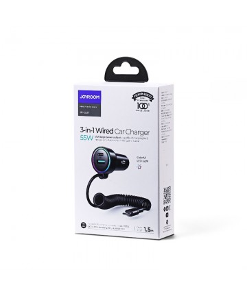Joyroom JR-CL07 72W 3-in-1 Car Charger with 1.6m USB-C Cable – Black