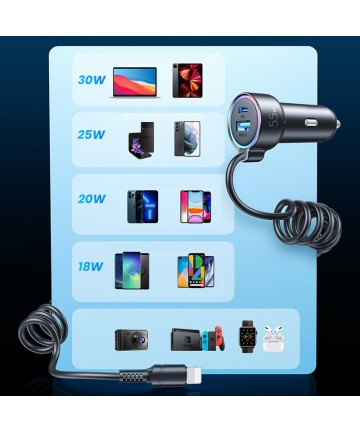 Joyroom JR-CL07 72W 3-in-1 Car Charger with 1.6m USB-C Cable – Black
