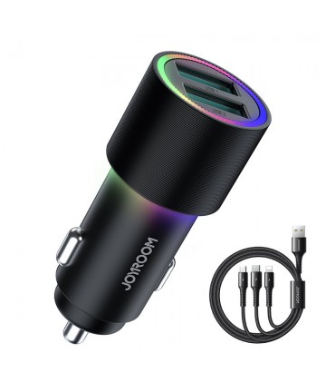 Joyroom car charger 2 x USB with illumination 24W + power cable 3in1 USB Type C / micro USB / Lightning 1.2m black (JR-CL10)