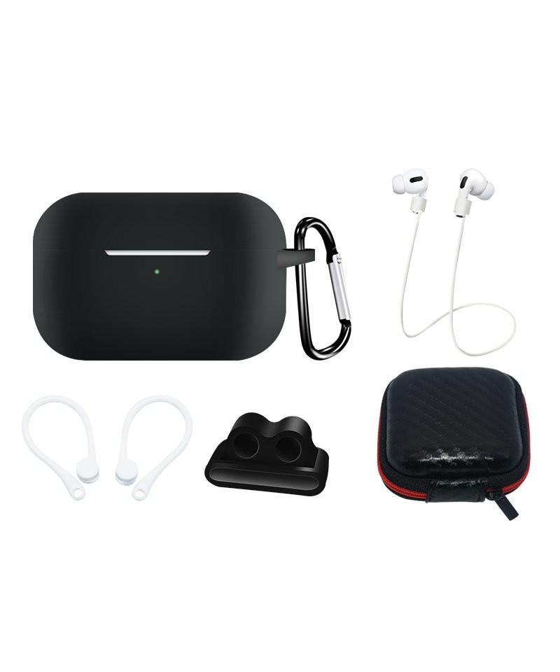 Silicone Case Set for AirPods Pro 2 / AirPods Pro 1 + Case / Ear Hook / Neck Strap / Watch Strap Holder / Carabiner - black