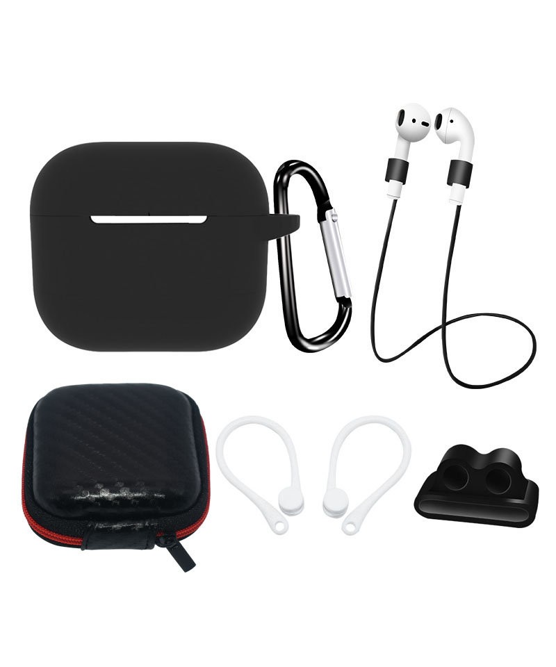AirPods 3 Silicone Case Set + Case/Ear Hook/Neck Strap/Watch Strap Holder/Carabiner Clasp - black