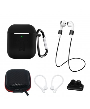 Silicone Case Set for AirPods 2 / AirPods 1 + Case / Ear Hook / Neck Strap / Watch Strap Holder / Carabiner - black