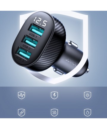 Joyroom JR-CCD03 3.4A Car Charger with Display 3x USB-A - Black
