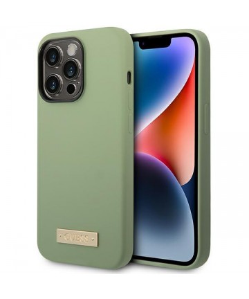 Guess Silicone Logo Plate MagSafe case for iPhone 14 Pro Max - green