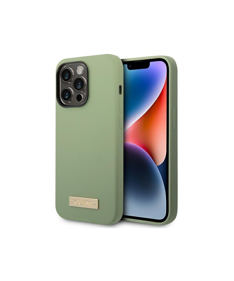 Guess Silicone Logo Plate MagSafe case for iPhone 14 Pro Max - green