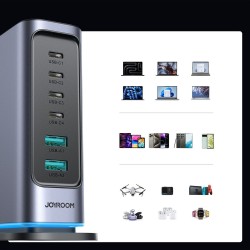 Joyroom JR-TCM02 GaN 65W charger charging station 4xUSB-C 2xUSB-A UK plug - gray