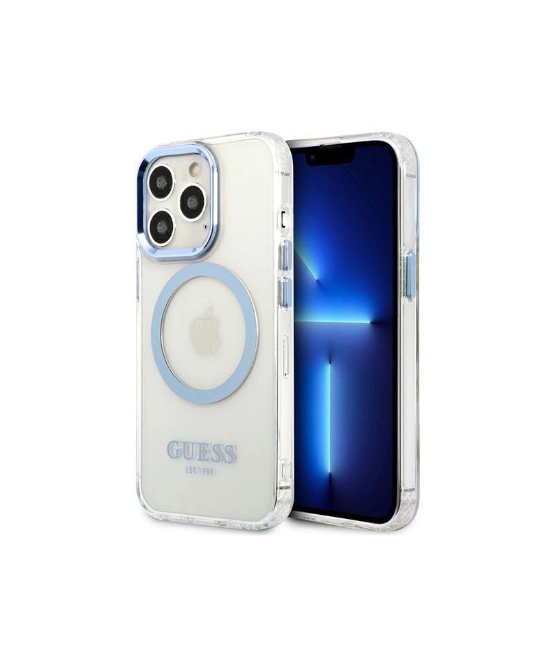 Etui Guess Metal Outline MagSafe na iPhone 13 Pro / iPhone 13 - niebieskie