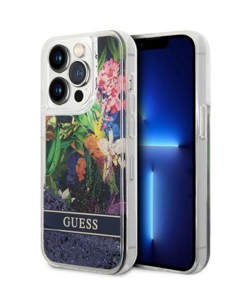 Guess Flower Liquid Glitter case for iPhone 14 Pro Max - blue