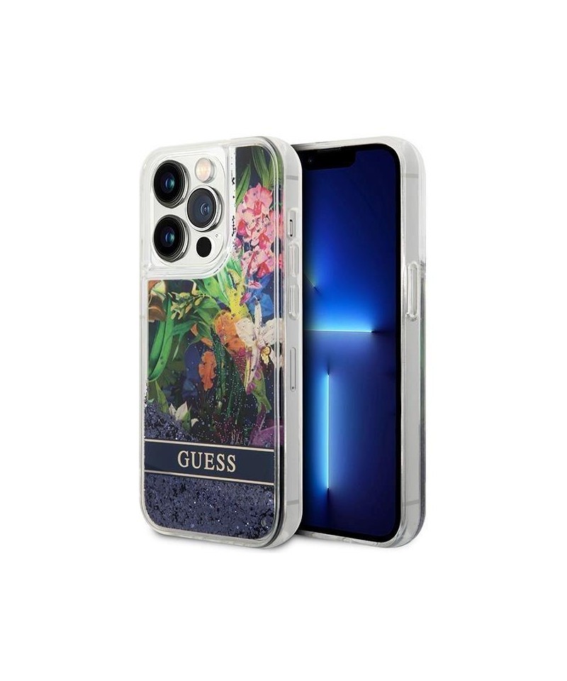 Guess Flower Liquid Glitter case for iPhone 14 Pro Max - blue