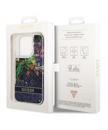 Guess Flower Liquid Glitter case for iPhone 14 Pro Max - blue