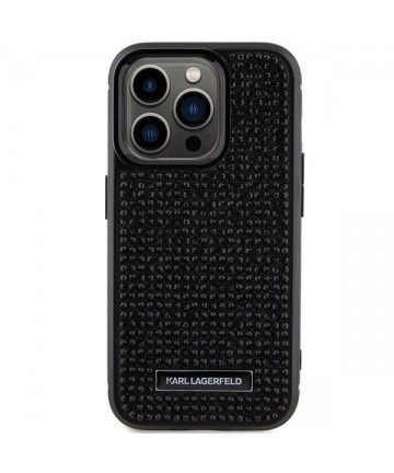 Karl Lagerfeld Rhinestone Logo Metal Plate case for iPhone 15 Pro - black