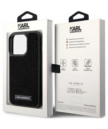 Karl Lagerfeld Rhinestone Logo Metal Plate case for iPhone 15 Pro - black