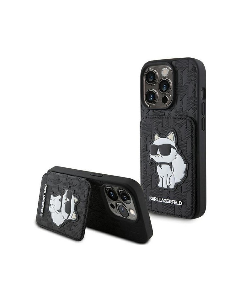 Karl Lagerfeld Saffiano Cardslots and Stand Monogram Choupette Case for iPhone 15 Pro - Black