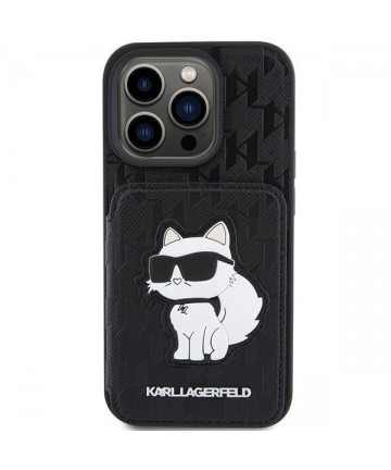Karl Lagerfeld Saffiano Cardslots and Stand Monogram Choupette Case for iPhone 15 Pro - Black