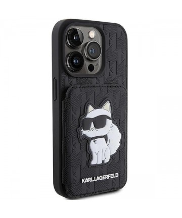Karl Lagerfeld Saffiano Cardslots and Stand Monogram Choupette Case for iPhone 15 Pro - Black