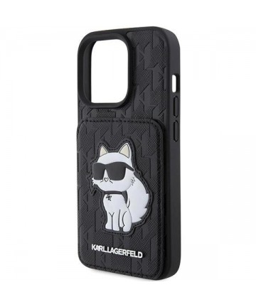 Karl Lagerfeld Saffiano Cardslots and Stand Monogram Choupette Case for iPhone 15 Pro - Black
