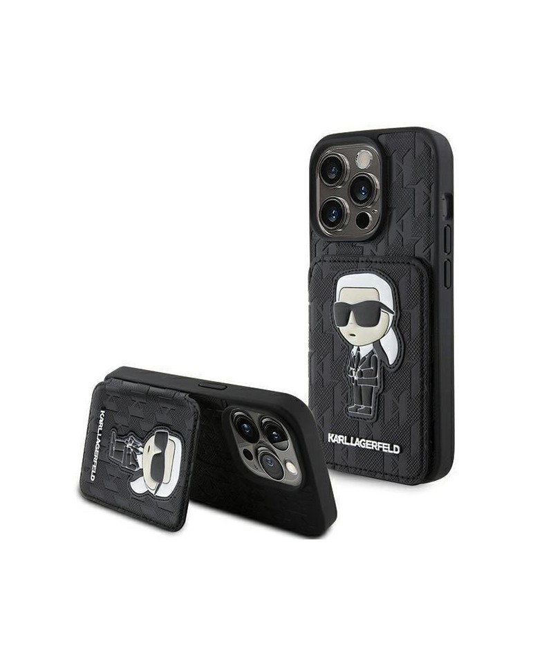 Karl Lagerfeld Saffiano Cardslots and Stand Monogram Ikonik Patch case for iPhone 15 Pro - black