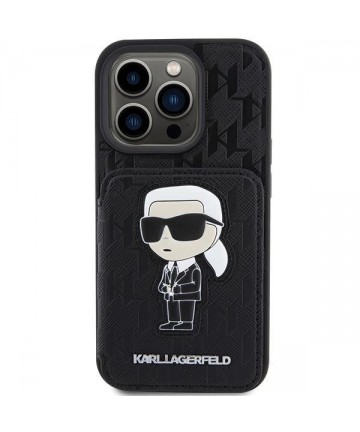 Karl Lagerfeld Saffiano Cardslots and Stand Monogram Ikonik Patch case for iPhone 15 Pro - black