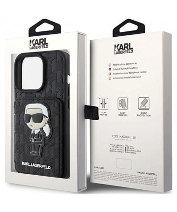 Karl Lagerfeld Saffiano Cardslots and Stand Monogram Ikonik Patch case for iPhone 15 Pro - black
