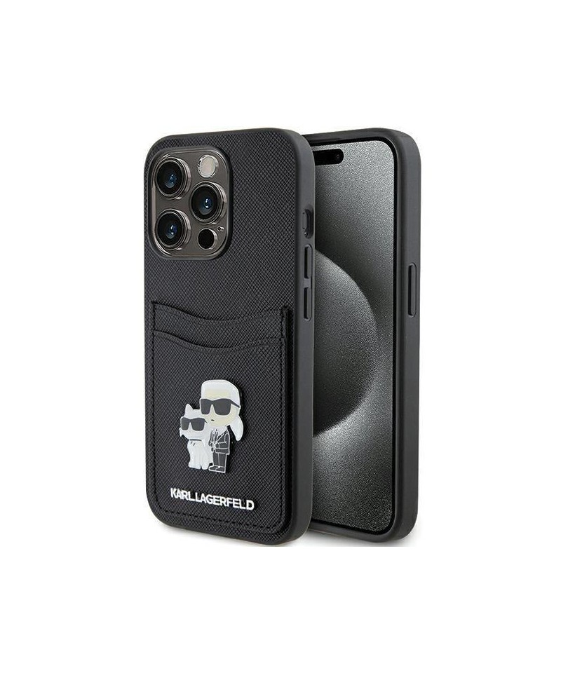Karl Lagerfeld Saffiano Cardslot Karl&Choupette Metal Pin case for iPhone 15 Pro - black