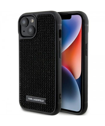 Karl Lagerfeld Rhinestone Logo Metal Plate case for iPhone 15 - black