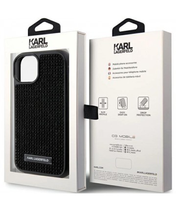 Karl Lagerfeld Rhinestone Logo Metal Plate case for iPhone 15 - black