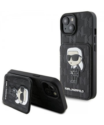 Karl Lagerfeld Saffiano Cardslots and Stand Monogram Ikonik Patch case for iPhone 15 - black