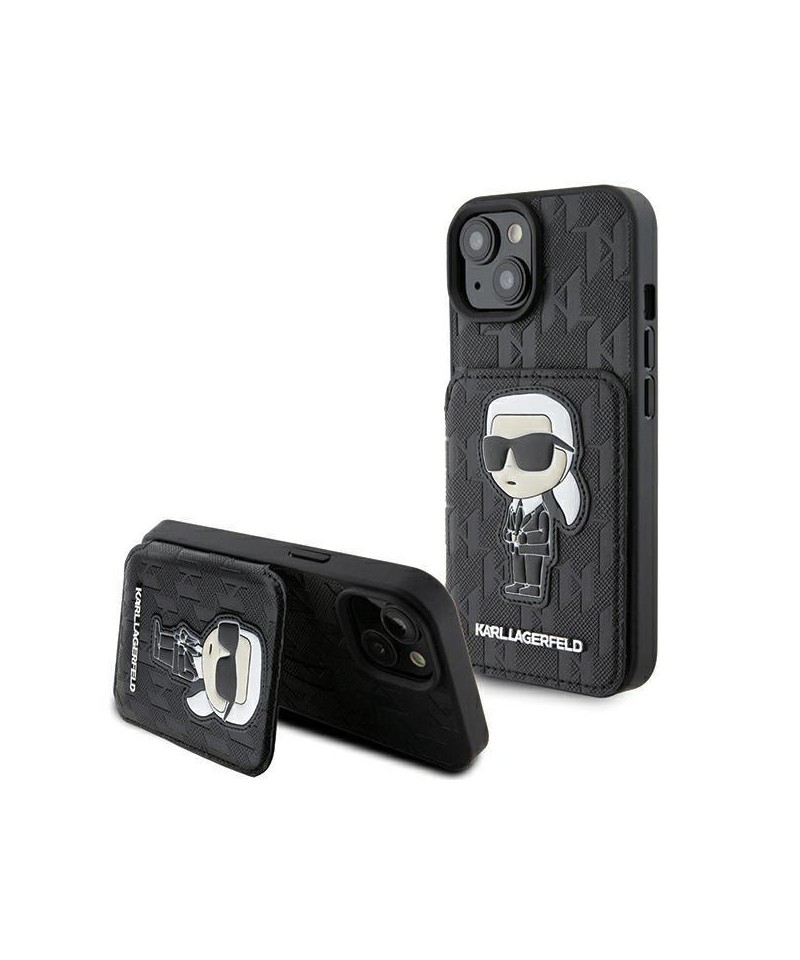Karl Lagerfeld Saffiano Cardslots and Stand Monogram Ikonik Patch case for iPhone 15 - black